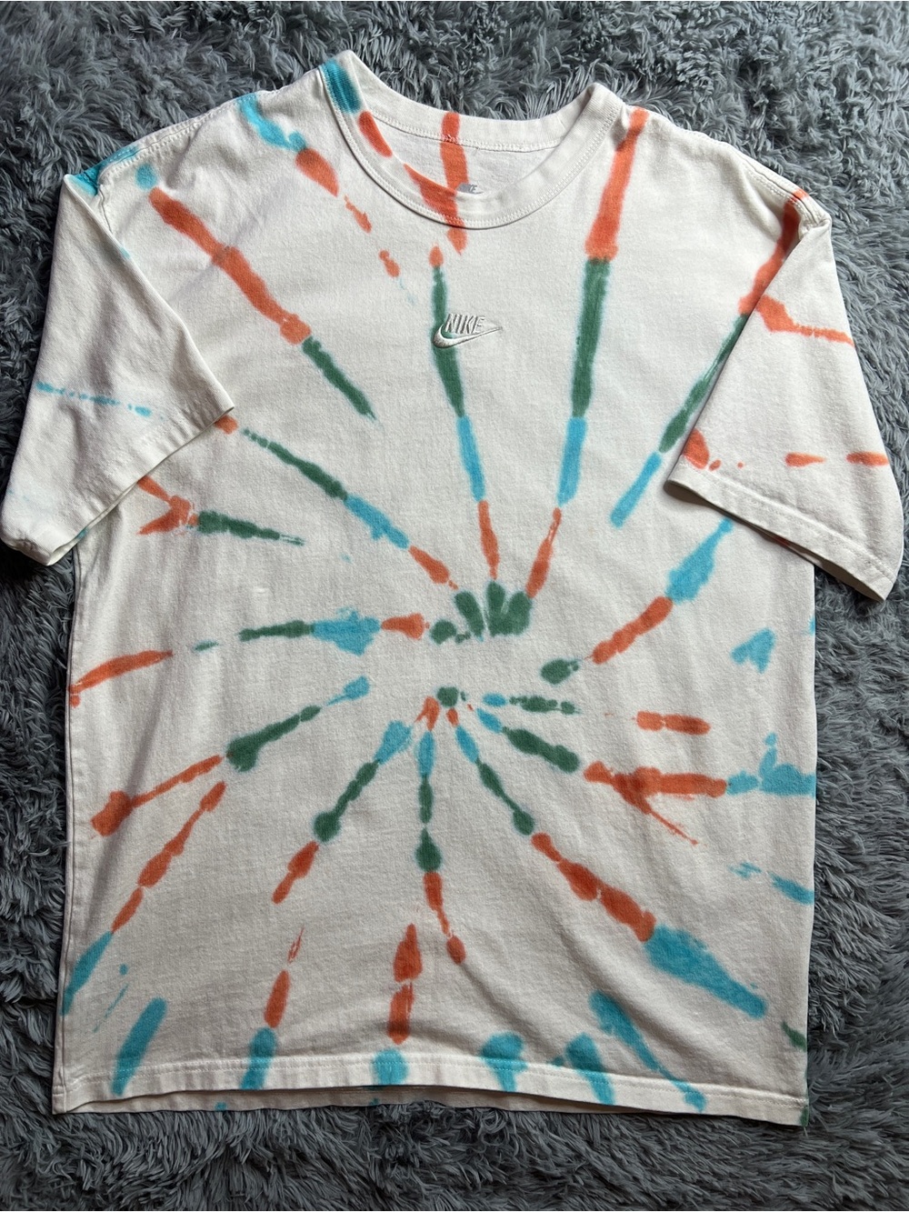 Nike White Short-Sleeve Tie-Dye Tee with Blue, Green & Orange Accents